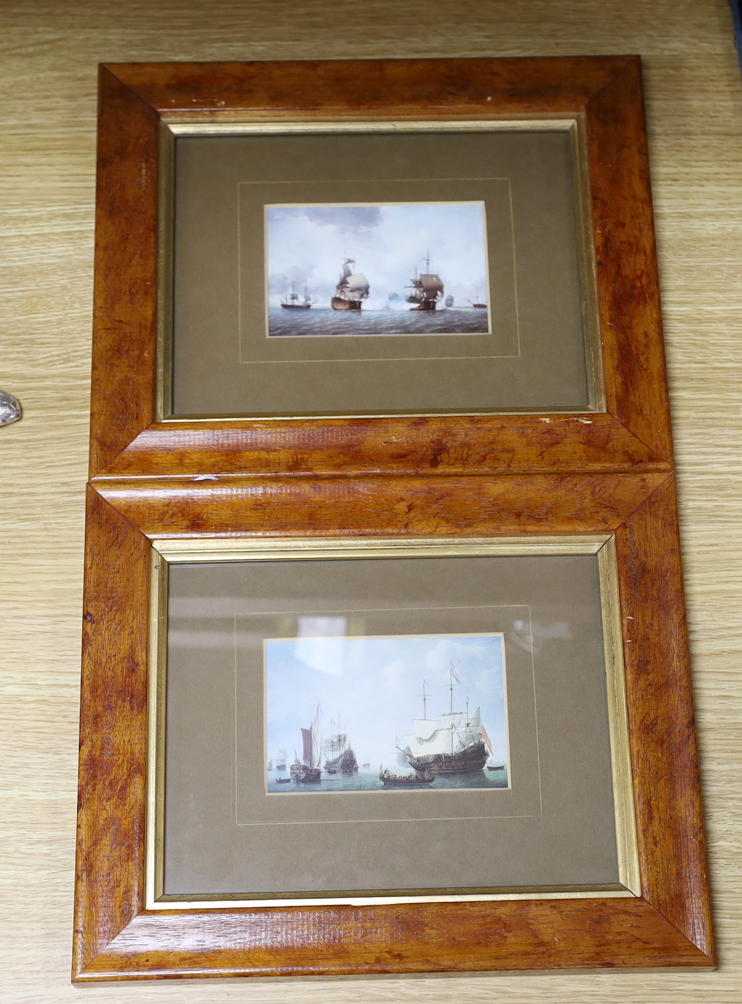 After Willem Van de Velde the younger (1633-1707), colour print, Dutch East India Fleet together with another after Charles Brooking, 8 x 11.5cm, maple framed